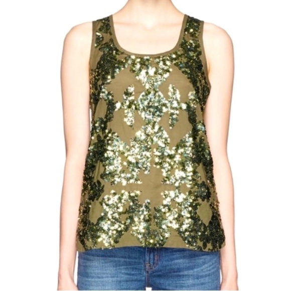 NWT J. Crew Cotton, Olive Green, Iridescent Sequin Tank Top, Scoop Neck, Size 00 - Picture 4 of 14